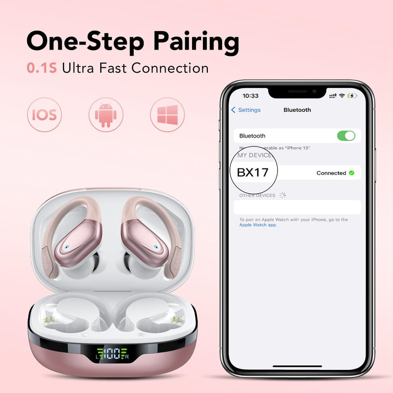 TRON Wireless Earbuds Bluetooth Headphones, Sport Earbuds with Stereo Deep Bass, Over-Ear Hooks, ENC Noise-Cancelling Mic, Waterproof Earphones for Workout/Running – Pink TR59 TRON Wireless Earbuds Pink TR59
