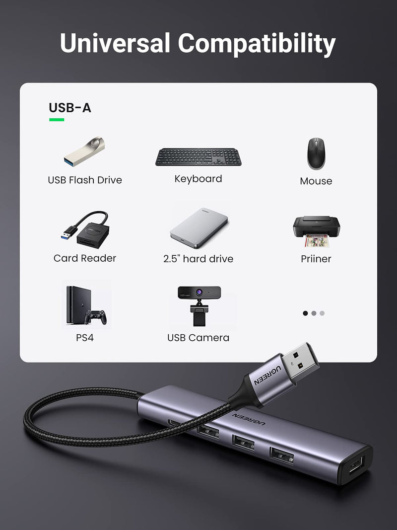 UGREEN USB Hub, Aluminum 4-Port USB 3.0 Hub with Powered Support Output for High Power Equipment, USB Port Splitter for Laptop,iMac, MacBook, Surface Pro, Dell, PS4, Flash Drive, Mobile HDD