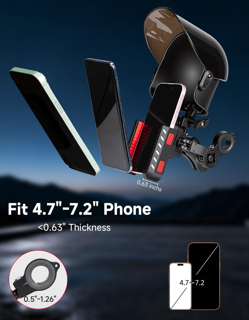 KEMIMOTO Motorcycle Phone Mount with Sun Hat, Fit for Bike, ATV, Scooter | 360° Adjustable Quick Release,Detachable Sun Shade, Anti-Vibration, Anti-theft Phone Holder Fits 4.7"-7.2" Smartphones