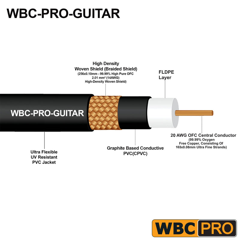 6 Foot - WBC-PRO-Guitar – 20 AWG - Low-Cap (18pF/ft) – Pro-Grade – Graphite-Based - Dual-Shielded Guitar Bass Instrument Cable w/Neutrik Straight - Angled (SilentPLUG) ¼ Inch (6.35mm) Gold TS Plugs