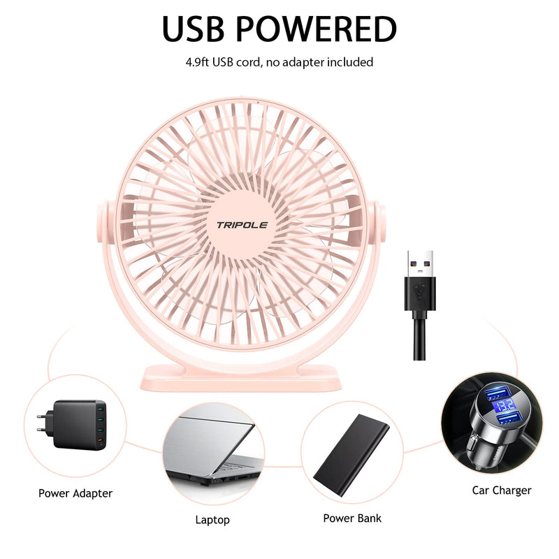 TriPole Mini Desk Fan USB Powered Portable Fan 3 Speeds Strong Airflow Small Fan 360°Rotation Personal Fan 5.1 Inch Table Fan for Home Office Bedroom Desktop, Pink, 4.9ft Cable