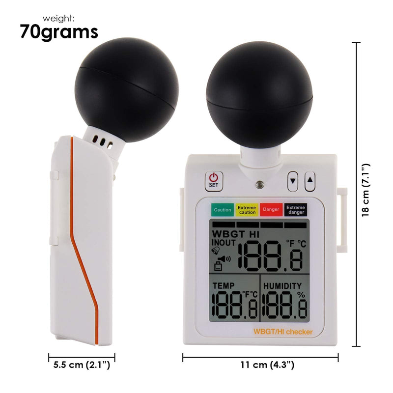 Portable 2 in 1 WBGT + HI Heat Index Checker Wet Ball Globe Temperature Heat Stress Meter Air Temperature Humidity Tester with Acoustic Alarm to Display Dangerous Levels Portable WBGT + HI-Checker