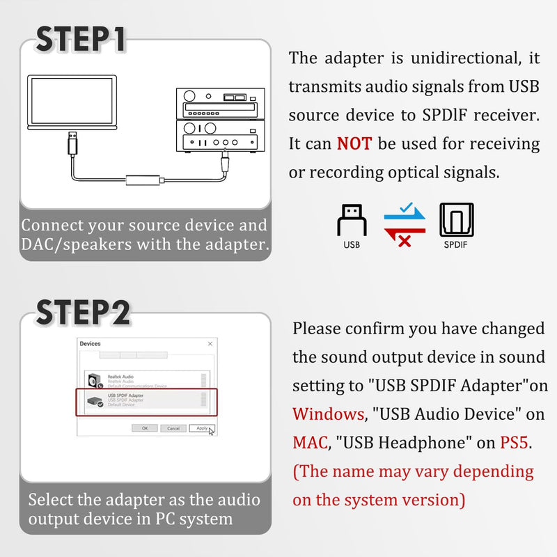 [AUSTRALIA] - USB to Optical Audio Adapter, PC to SPDIF Sound Card Optical Output Compatible with Windows macOS Laptop Computer, Not for TV, One Way Signal Only from USB to Toslink, Not support 5.1 Channel 