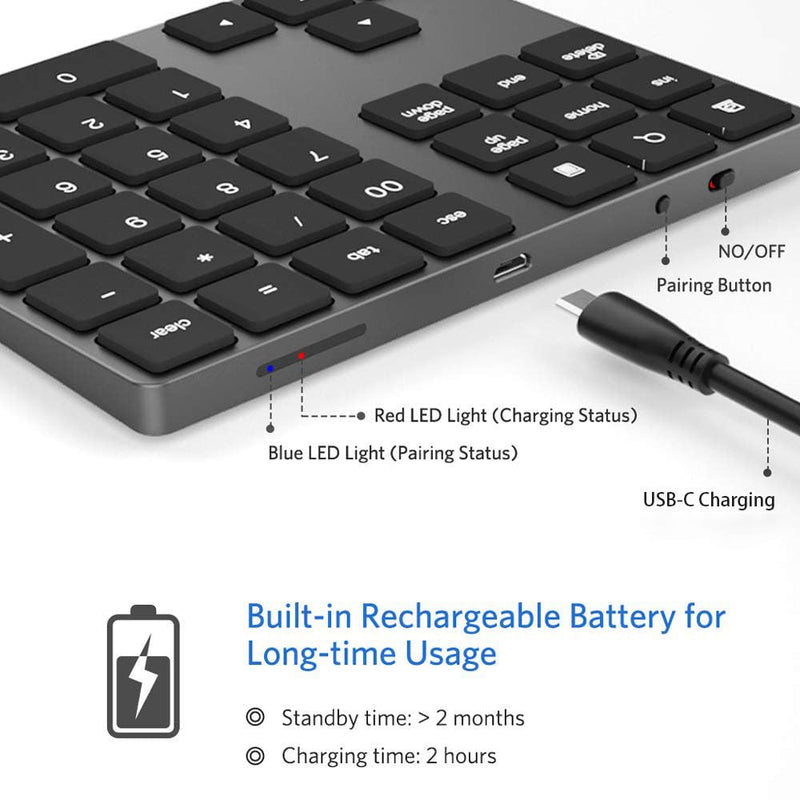 [AUSTRALIA] - Bluetooth Number Pad, Wireless Numeric Keypad, USB-C Rechargeable External 34-Keys Numpad, Financial Data Entry Keyboard for iMac, MacBook Air/Pro, PC Desktop, Laptop Notebook A-Black 