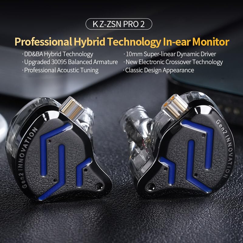 KZ ZSN PRO 2 HiFi IEM Earbud, Dynamic Driver and Balanced Armature Hybrid in-Ear Headphone,KZ Heavy Bass Music Wired Earphone (Glare Blue, Without mic)