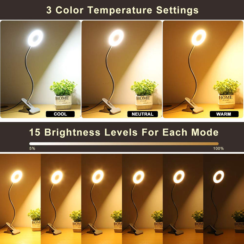 DLLT Dimmable Clip on Reading Light, 48 LED USB Bed Night Lights with 3 Colors, 15 Brightness Level Book Light Flexible Clamp for Makeup Mirror, Desk, Bedside, Headboard, Piano, Computer Light(Silver) Silver