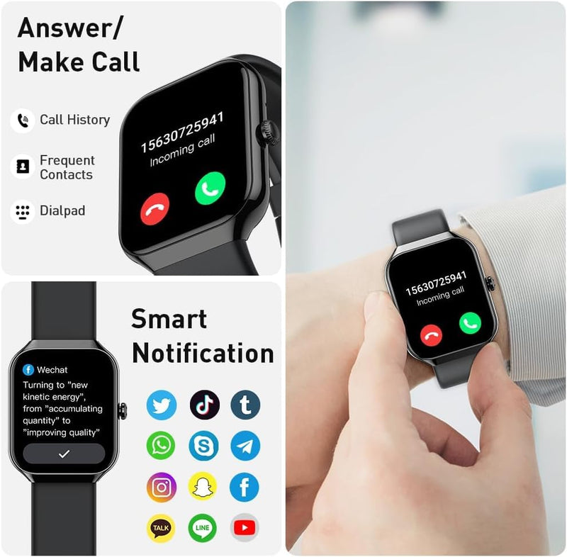 Smart Watch(Answer/Make Call), 1.96" HD Smartwatch for Men Women, 2026 Fitness Watch with 7/24 Heart Rate/Sleep Monitor/30+Day,113+ Sport Modes,IP68 Waterproof Fitness Activity Tracker for Android iOS A-Black