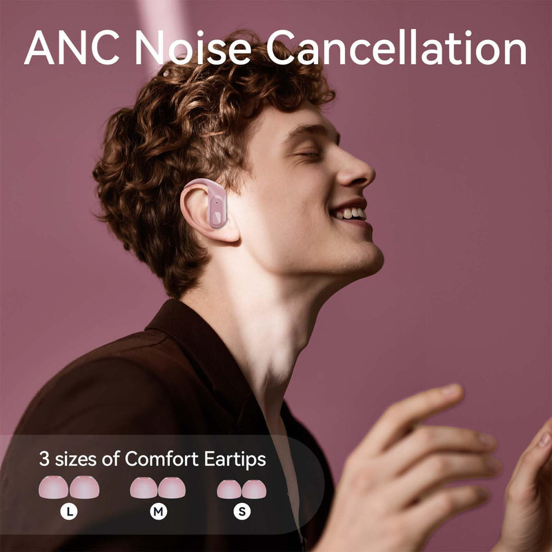 occiam Active Noise Cancelling Wireless Earbuds Bluetooth Headphones Ear Buds 96Hrs Playback Clear Call Waterproof Earphones with Ear Hook Microphones for Sport Running Pink