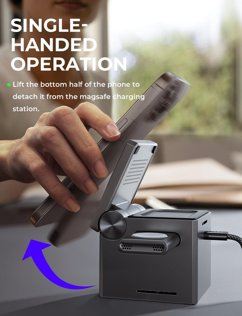 LISEN 3 in 1 Charging Station Apple, for iPhone Wireless Charging Station for Apple Magsafe Charger Stand Cube, Travel Magsafe Charging Station for iPhone 16 15 and Watch, Gifts for Men Women, Black