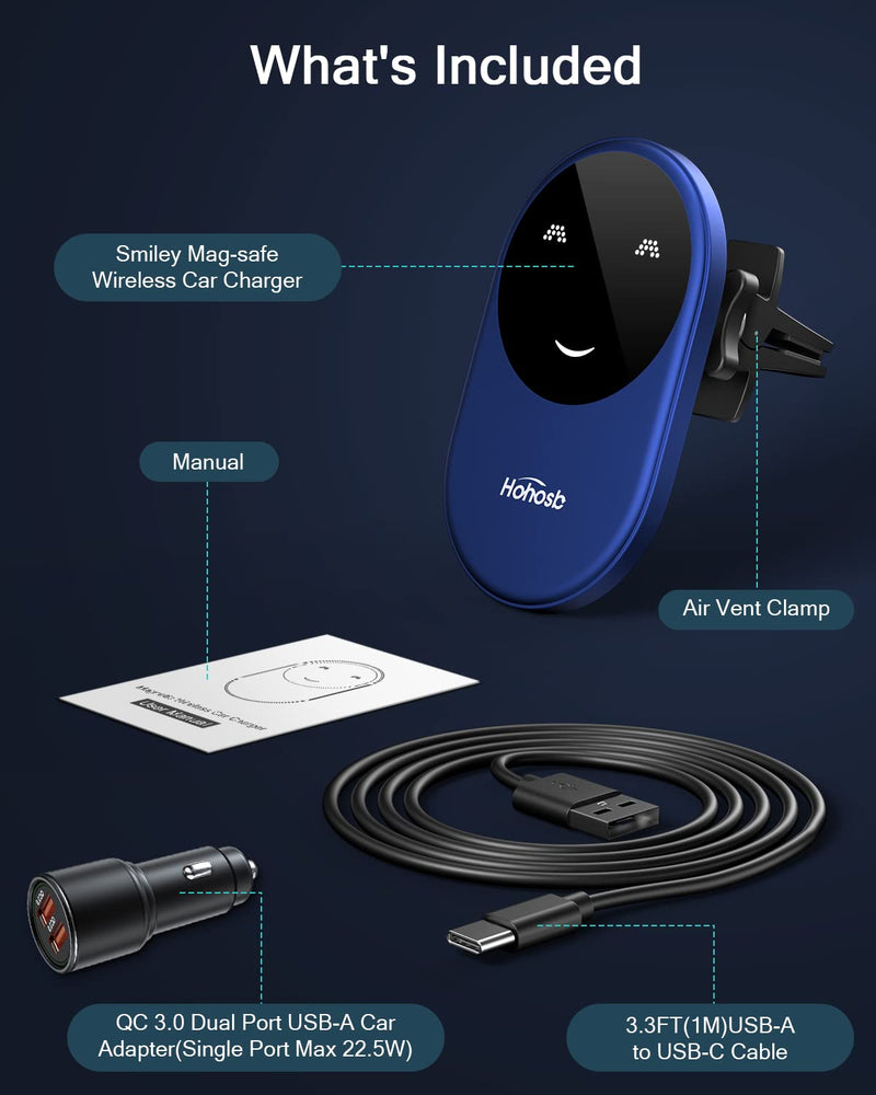 Fits Mag-Safe Car Mount Charger,Magnetic Wireless Car Charger Compatible with iPhone 14/13/12 Series,Fast Charging Auto-Alignment Air Vent Phone Holder,Car Accessories-Blue