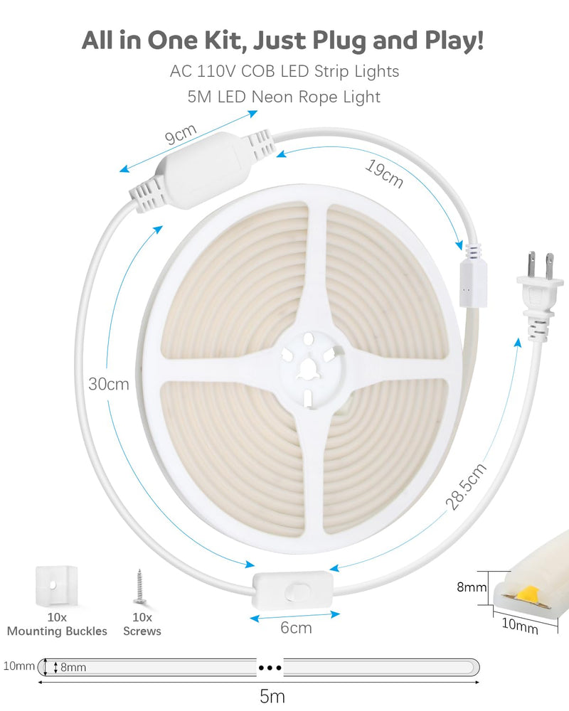 ALITOVE COB LED Strip Light Waterproof IP67 Warm White 3000K 16.4ft AC 110V 120V LED Neon Rope Lights Bright 1440LEDs Flexible LED Strip for Indoor Outdoor Cabinet Shower Bedroom(No Remote Dimmer) 5M (No Remote)