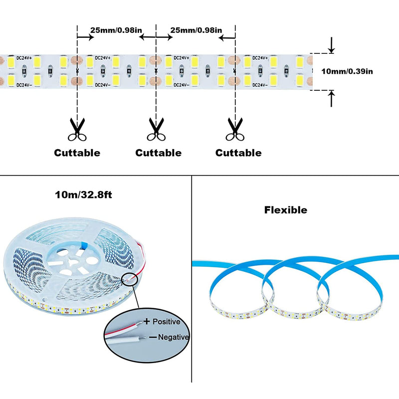 24V 32.8ft/10M Double Row LED Strip Light Cool White 6000K 2400LEDs 2835SMD 160W High Brightness 11000LM No-Waterproof IP20 Flexible Ribbon for Kitchen Hallways Decoration(No Power Supply)