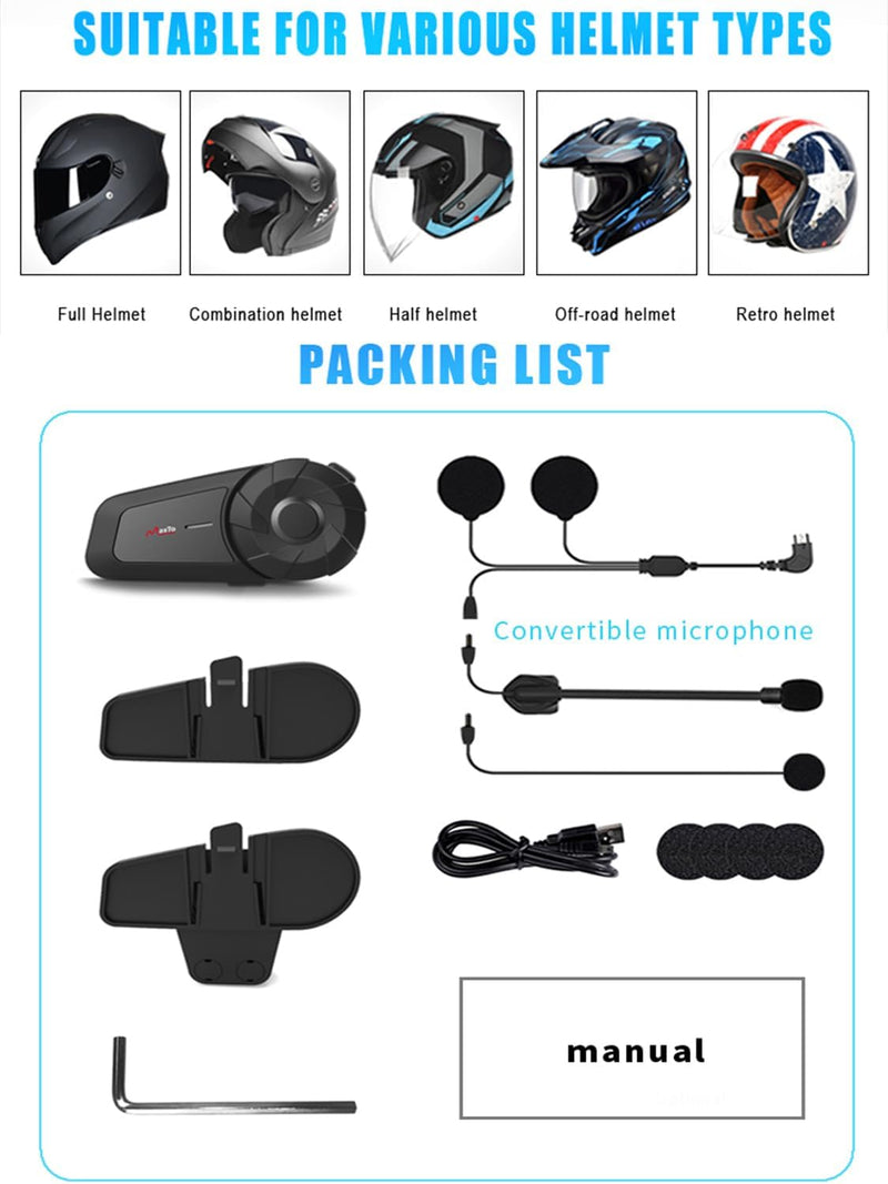 MAXTO MX1 Motorcycle Bluetooth Headset for 2 Riders 800M Intercom, 1 Pack | IPX6 Waterproof, HiFi Stereo Sound, Universal Intercom Communication Systems, 2 in1 Microphone, Motorcycle Helmet Speakers