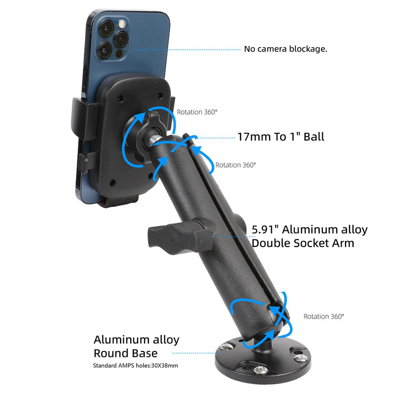 xik 1" Ball Phone Holder Mount for Car/Boat/Kayak/Truck Dashboard | 1s Lock & Release, 360° Adjustable, AMPS Hole Round Base B Size System, Universal Phone Holder with 5.91" Aluminum Alloy Arm Long(5.91" Arm)