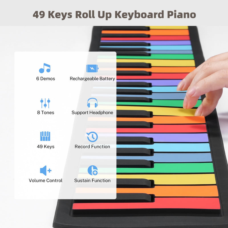 [AUSTRALIA] - 49 Key Roll Up Keyboard Piano, Portable Digital Electric Foldable Piano Keyboard, Rechargeable, 8 Tones, 6 Educational Demo Songs, for Beginners Gift (Rainbow) Rainbow 