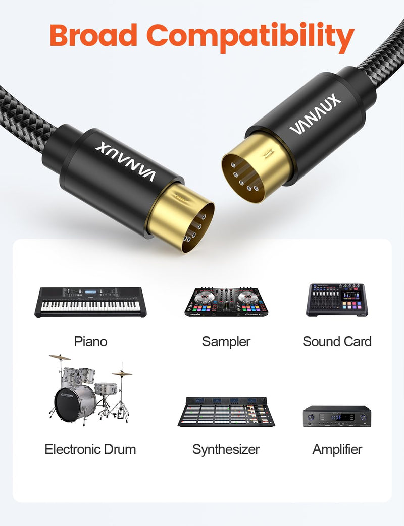 [AUSTRALIA] - VANAUX MIDI Cable 6FT, Male to Male 5-Pin MIDI Cable Compatible with MIDI Keyboard, Keyboard Synth, Rack Synth, Sampler, External Sound Card, Sound Source and More-Black 