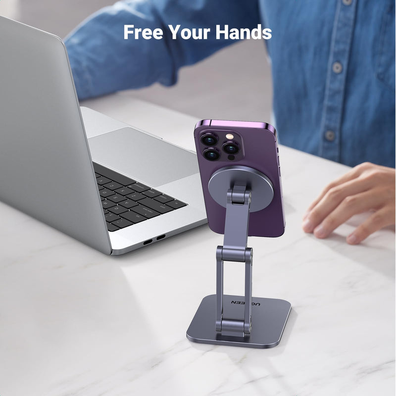 UGREEN Magnetic Phone Stand Compatible with MagSafe iPhone Stand for Desk Ergonomic Design Adjustable, Aluminum Cell Phone Stand Compatible for iPhone 15 14 13 12 Pro Max and MagSafe Case, Grey