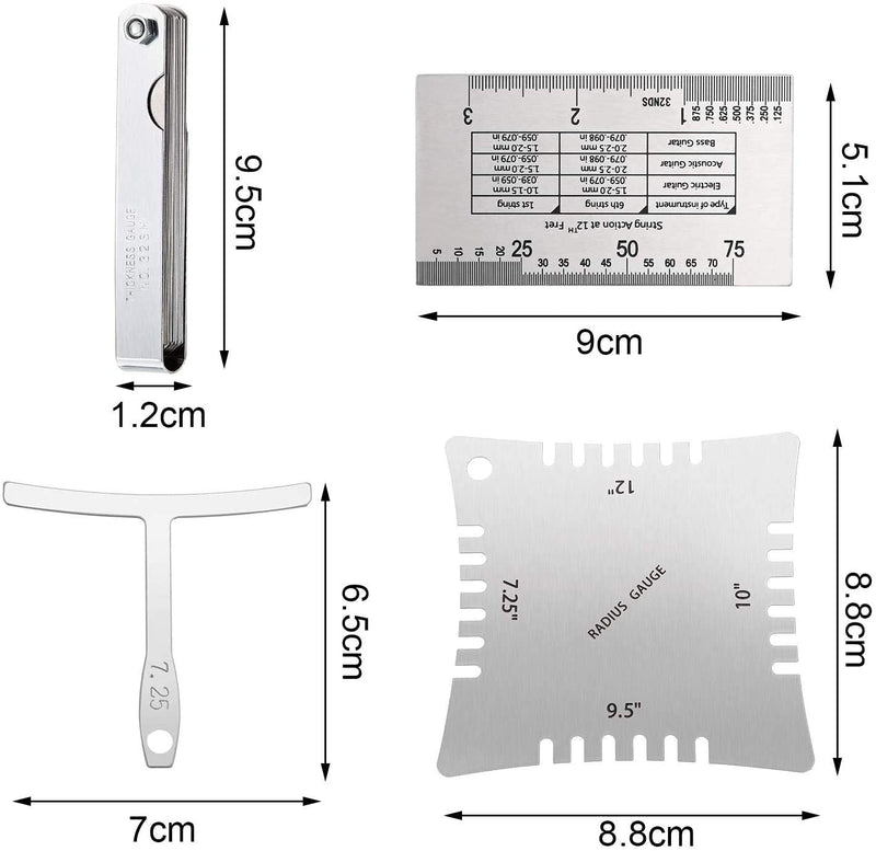 TIMESETL 17 Pcs Guitar Luthier Tools Including 4 Guitar Notched Radius Gauges, 9 Understring Radius Gauge Luthier Tools, 32 Blades Feeler Gauge, String Action Gauge Ruler and 2 Fingerboard Guards