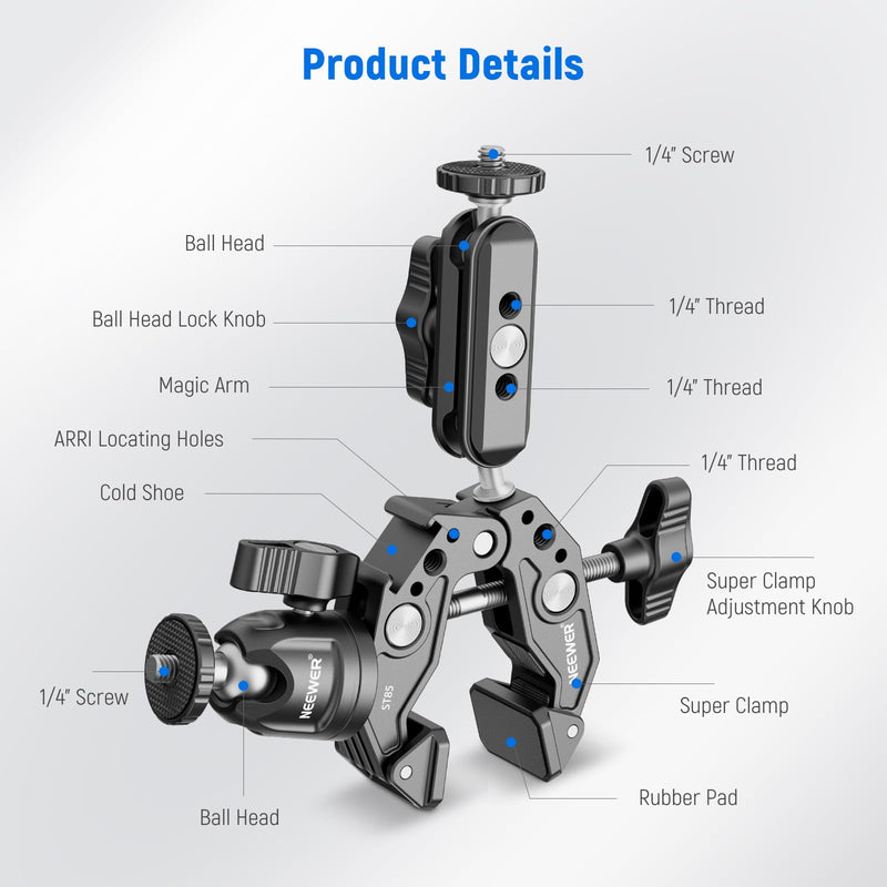 NEEWER Super Clamp with 3" Dual Ballhead Magic Arm, Ball Head Adapter, Cold Shoe, Phone Holder, Action Camera Clamp Mount for Flat/Round Surface Compatible with GoPro DJI iPhone 15 Pro Max, ST85