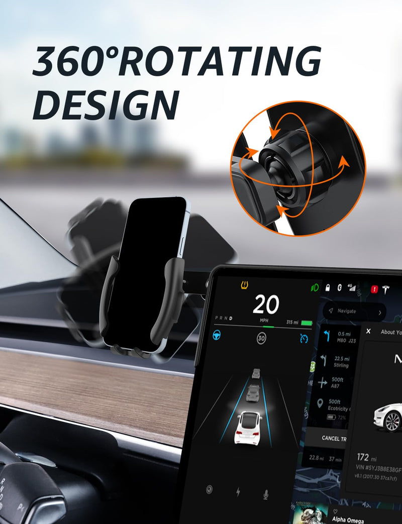 Premium Tesla Phone Mount & Holder for Model Y (2019-2024) & Model 3 (2018-2023),Snap-On Screen Clip with Scratch-Free Felt Base, Solid Alloy Arm Model Y(2019-2024)