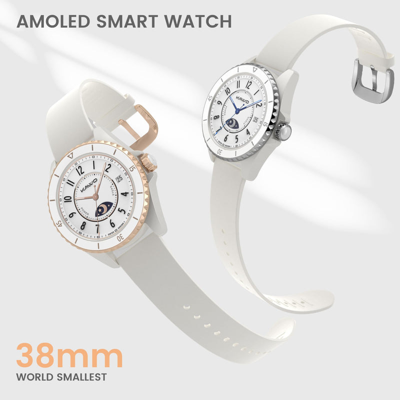 KAVVO Oyster Mini 38mm Bluetooth Smartwatch for Women, 1.1'' Delicate AMOLED Always-On Display, Rotating Bezel, Fitness Tracker with Female Health, Heart Rate Blood Oxygen Monitor(Ceramic White) Ceramic White