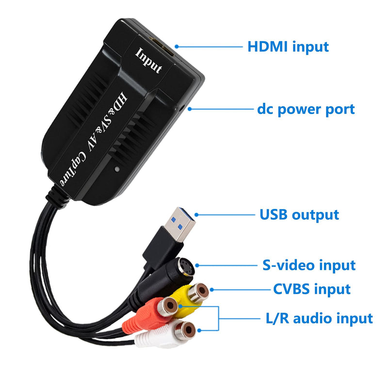 USB Video Capture Card HDMI/AV/RCA/S-Video to USB2.0 Audio Video Capture Device 1080P30fsp Hi8, VCR, VHS to Digital Converter for Camcorder DVD PS4 Live Streaming Compatible with Mac Windows