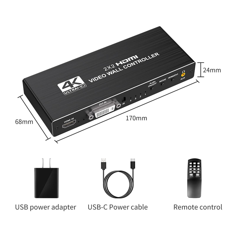 Video Wall Controller 2x2 4k, HDMI TV Video Wall Processor，4 tv Screens into 1 Wall Display with 180 Degree Rotate，Multiple tv Screens one Picture, 8 Splicing Modes 2x2,1x2,1x3,1x4,2x1,3x1,4x1