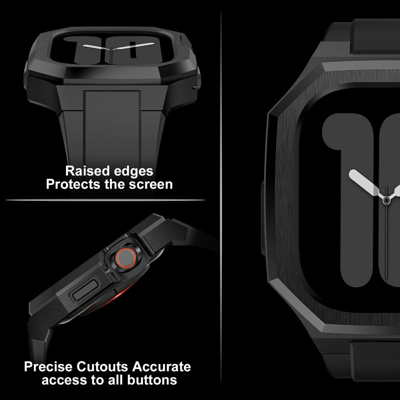 Luxury Metal Case with FKM Band for Apple Watch Ultra 3/2/1 49mm & 44-46mm | Stainless Steel Rugged Case,Soft Fluoroelastomer Strap,Classic Men Design for Business/Sports/Leisure,Skin-Friendly & Durable Black