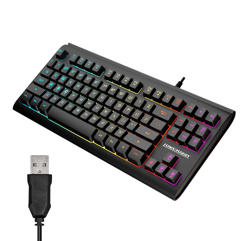 Rainbow LED Backlit 87 Keys Gaming Keyboard, Compact Keyboard with 12 Multimedia Shortcut Keys USB Wired Keyboard for PC Gamers Office
