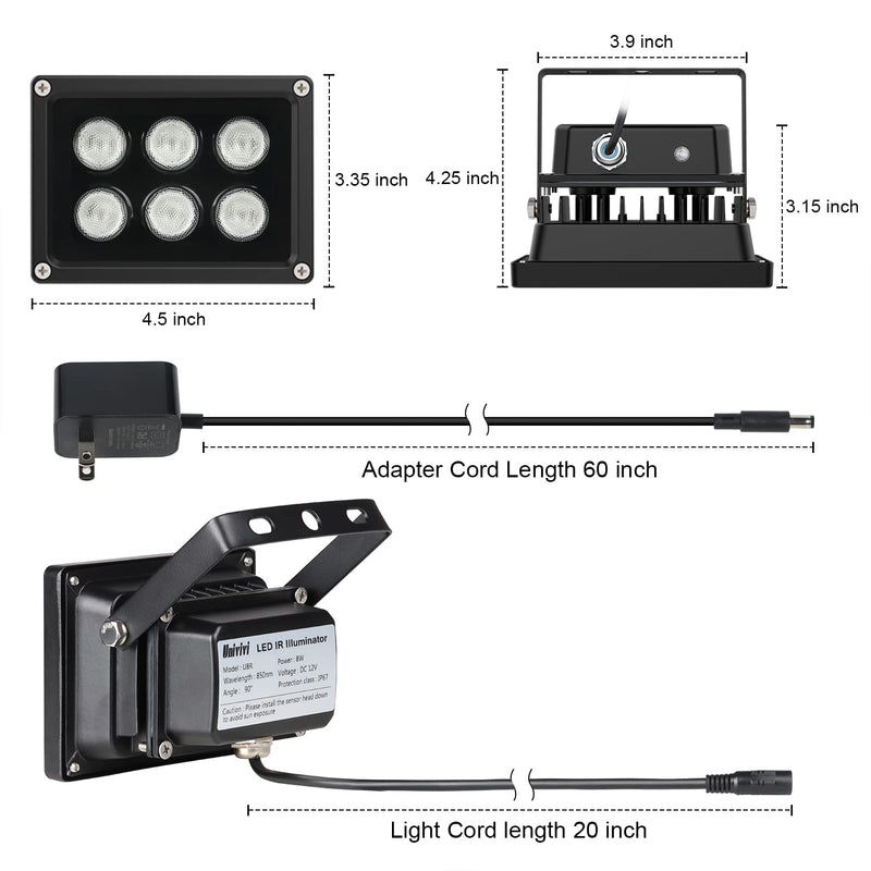 Univivi Infrared Illuminator, 850nm 6 LEDs 90 Degree Wide Angle IR Illuminator for Night Vision, Waterproof LED Infrared Light for CCTV Security Camera, with Power Adapter, Black Black-6W
