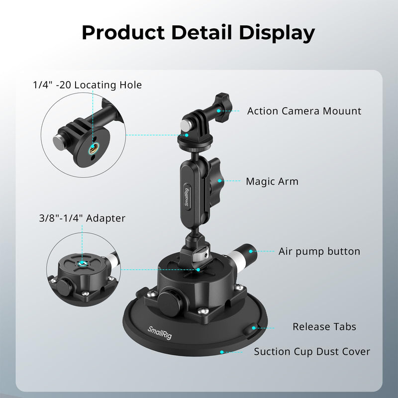 [AUSTRALIA] - SMALLRIG 4.5" Suction Cup Mount with Ball Head Magic Arm, Camera Mount for DJI Osmo Action 5 Pro/4, for Insta360 x5, for Gopro 13/12,on Car Windshield or Window, Compatible with Action Cameras-5855 4.5" 