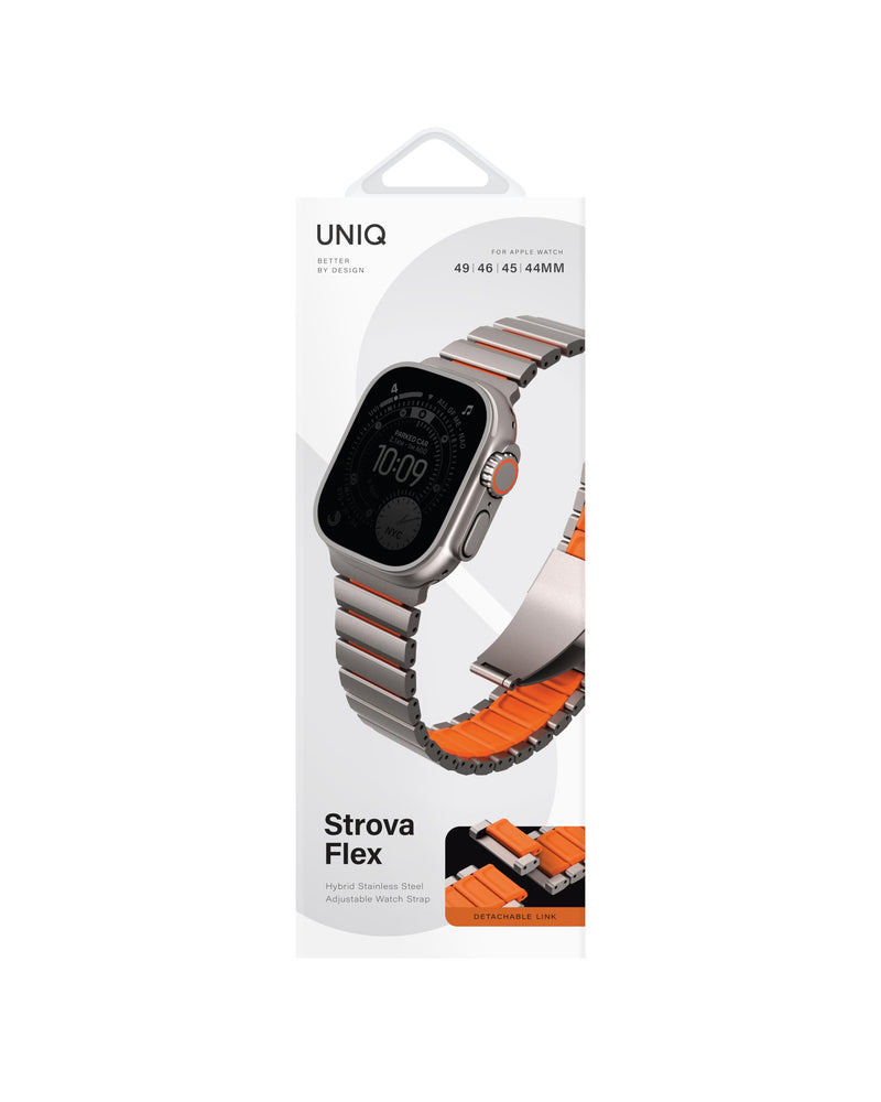 UNIQ Strova Flex Apple Watch Band 44mm 45mm 46mm 49mm – Adjustable Stainless Steel Link Bracelet Strap for Apple Watch Series 4 5 6 7 8 9 SE & Ultra 1/2 – Orange