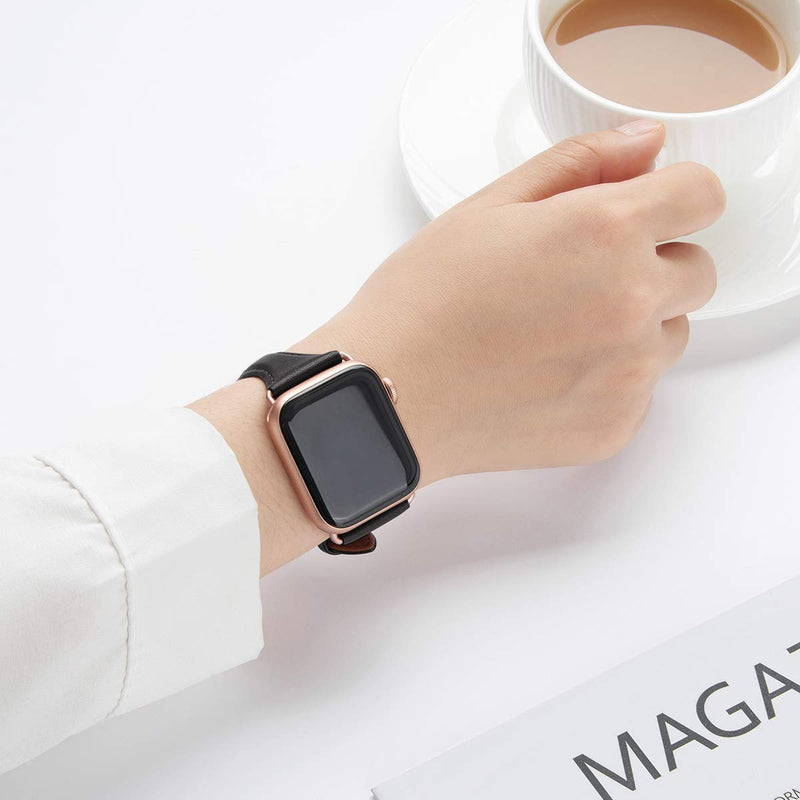 Slim Apple Watch Leather Band and Stainless Steel Metal Band for iWatch 38mm, 40mm, and 41mm，Black Rose Glod+Metal Rose Gold