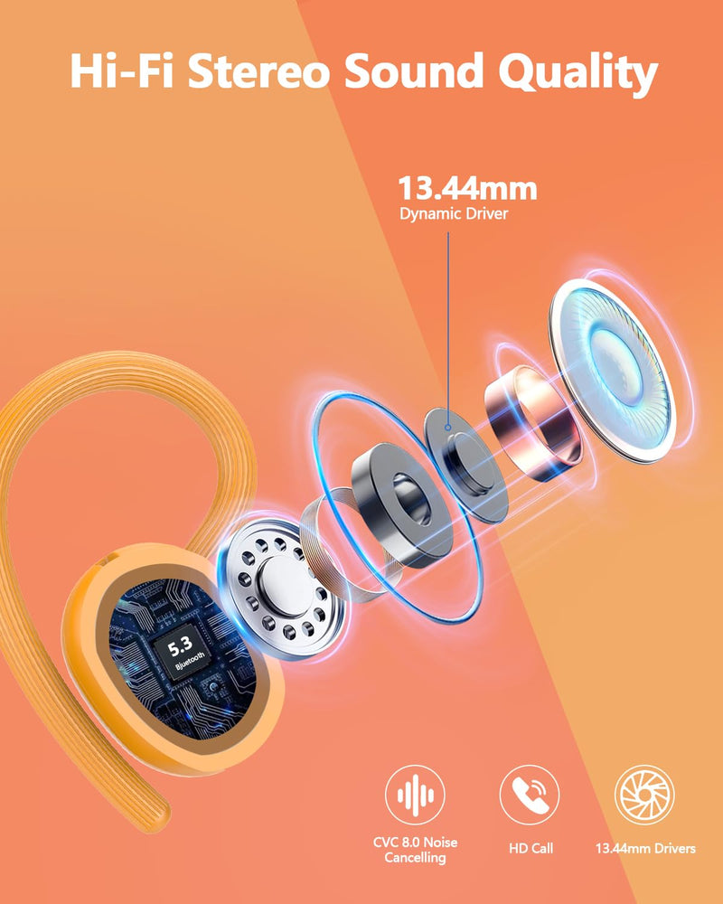 Ear buds Wireless Bluetooth Earbuds Sport 2026 NEW Bluetooth 5.3 Headphones with LED Display 128H Playtime Powerful Bass Over Ear Earphones with Earhooks IP7 Waterproof for Gym/Running/Workout Orange