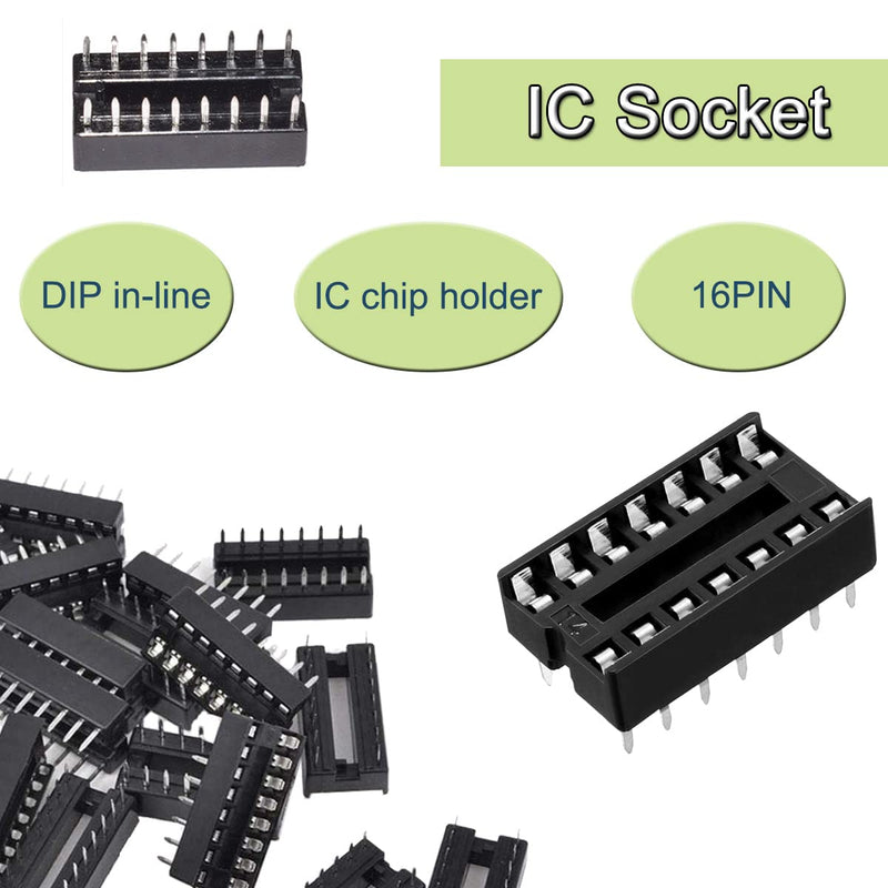 DAOKAI Dip IC Sockets, Pack of 50 16-Pin IC Socket Soldering Set, Dual Row Solder Adapter Set, 2.54 mm Pitch, Flat Pin Chip Connector Adapter 16 Pin IC Chip Socket Adapter
