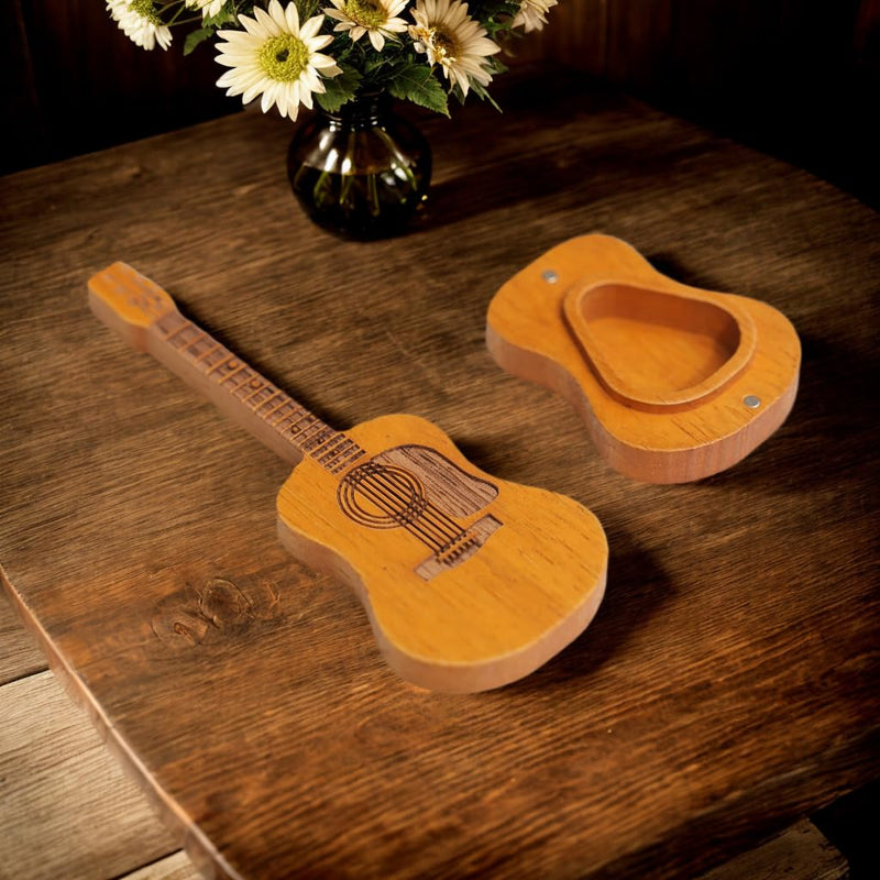 Wooden guitar pick case, with stand, wooden acoustic guitar pick box，3 wooden guitar picks, guitar shape replica guitar pick case, suitable for bass guitar ukulele lovers guitar pick case.