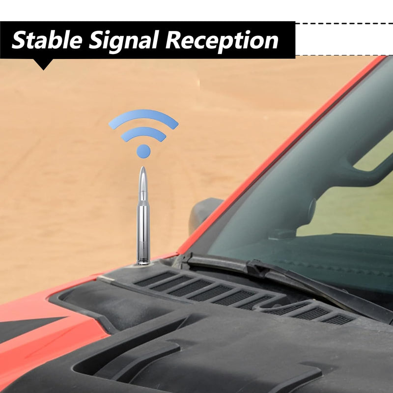 1 PC Car Bullet Antenna, Retractable Antenna Replacement, Enhanced Signal Receiver, Antenna with Screw Spacer, Compatible with Ford F150 Wrangler Jeep Chevrolet (Silver) Medium Silver