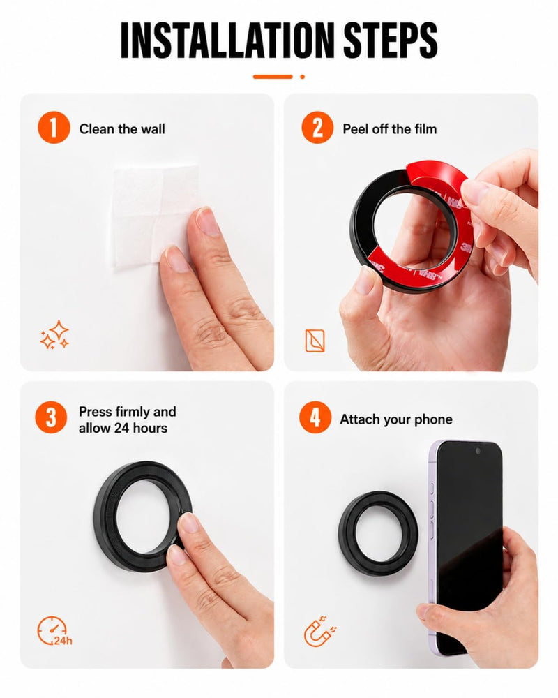 A2C Magnetic Wall Mount with 3M VHB, for Kitchen, Shower, Mirror, Office | 10mm Thick, 17 N52 Magnets, Strong Hold, Waterproof, Low Profile, Fits iPhone 12-17 & All Android (ring)