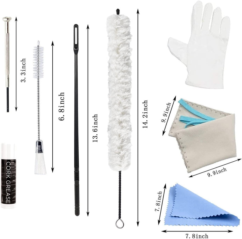 Flute Cleaning Kit Include 1pc Cotton Cleaning Brush, Flute Swab, Double-End Dust Brush,Flute Cleaning Rod, Screwdriver for Flute Repairing,Cork Grease, a Pair Cotton Gloves, 1pc Flute Cleaning Cloth white