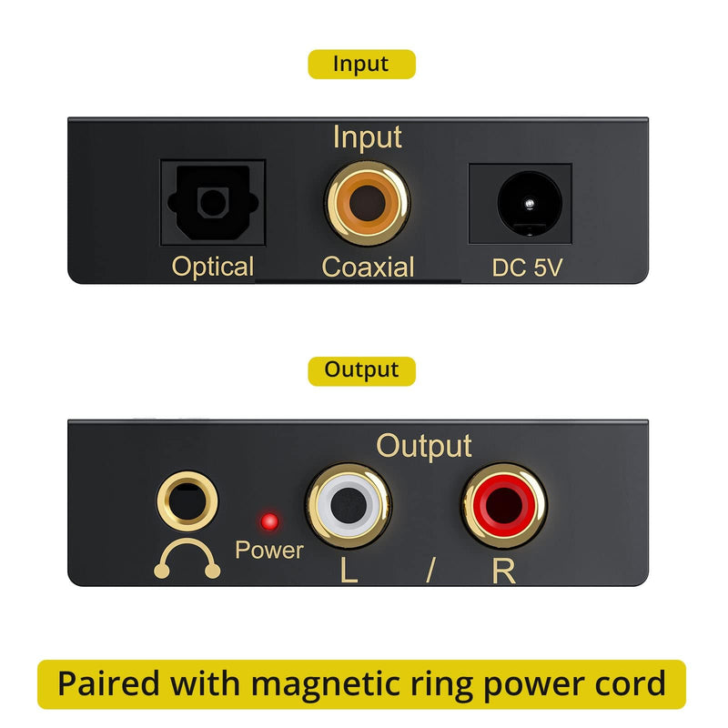 PROZOR 192Khz Digital to Analog Audio Converter Support 5.1CH Optical to RCA Converter with Magnetic Ring Power Cord Digital Toslink SPDIF to Analog L/R RCA 3.5mm Adapter for HDTV Blu-Ray DVD PS3 PS4