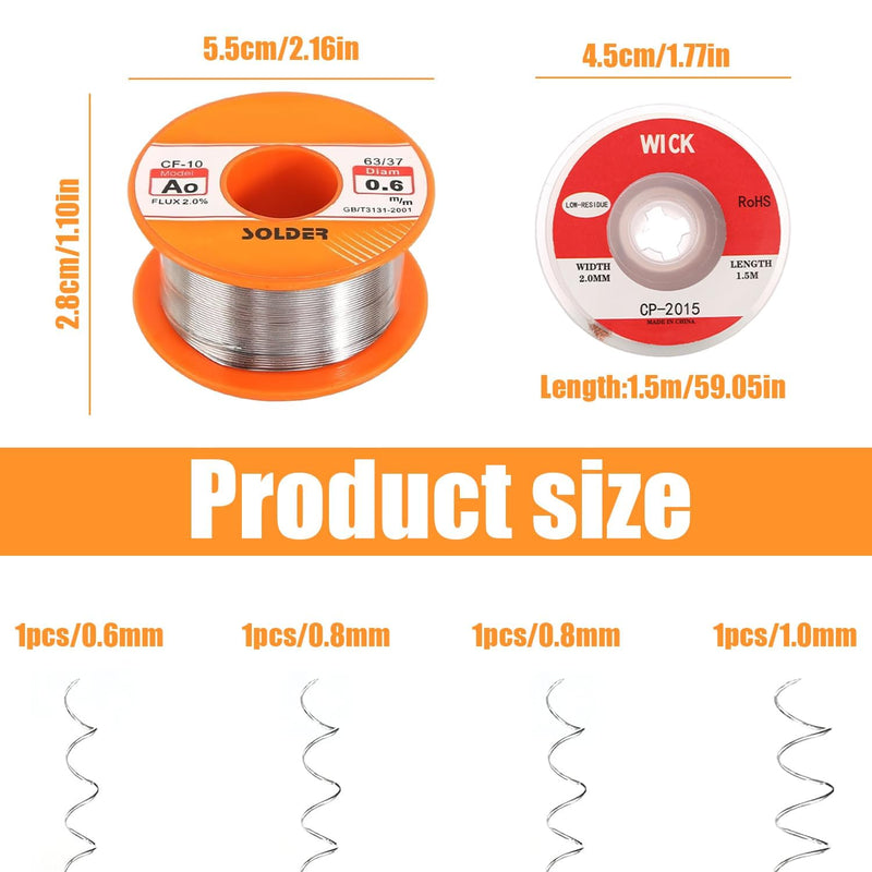XIAQICA Solder 5 pieces 50 g solder with rosin core solder flux 0.6/0.8/1 mm with desoldering wire (2 mm/1.5 m) for DIY welding work and electrical repairs