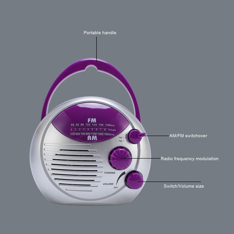 Shower Radio, Water Proof Portable Mini AM FM Radio, Battery Powered Hanging Bathroom Radio for Home, Hot Tub, Kitchen, Outdoor