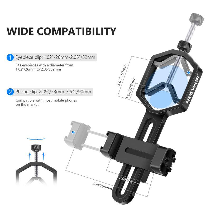 NEEWER Metal Telescopic Mobile Phone Holder, 2.09-3.54 Inch Universal Mobile Phone Holder for Spotting Scope, Telescope, Microscope, Binocular, Monocular Suitable for Eyepiece with Diameter 1.02 - Klein