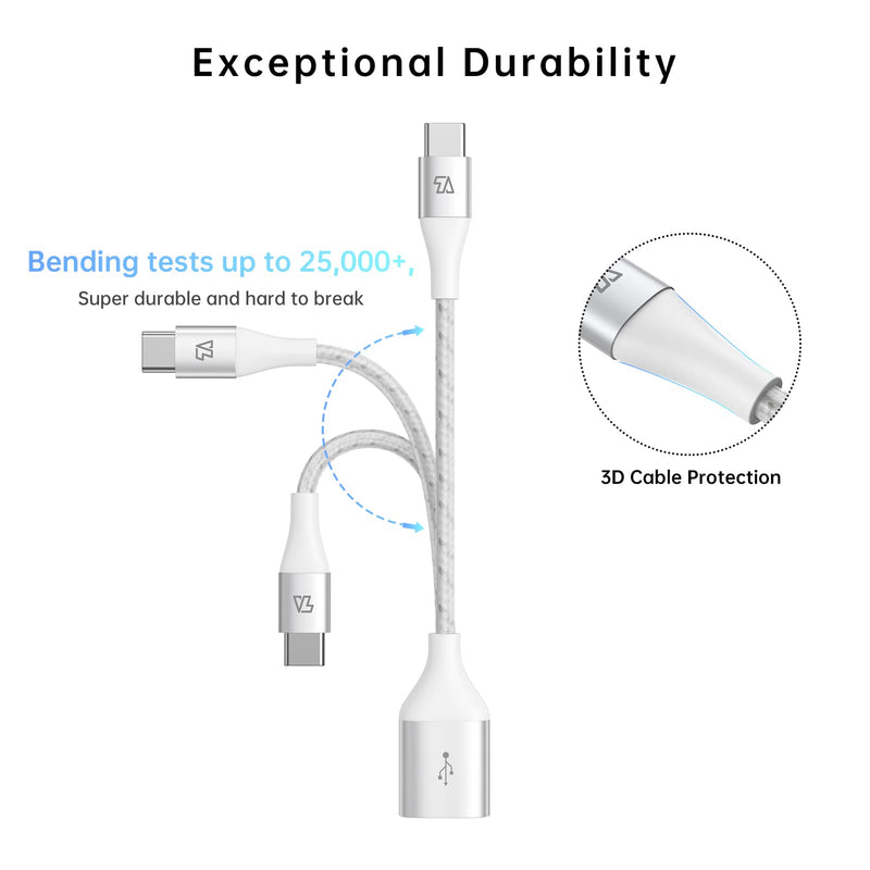 Teleadapt Type C to USB Adapter, 10Gbps USB C to USB A Adapter for Galaxy S20/S10/S9, USB C to USB OTG Cable, USB C Male to USB 3.1 Female OTG Adapter Compatible for New MacBook Pro, iPad Air 2020 White Silver