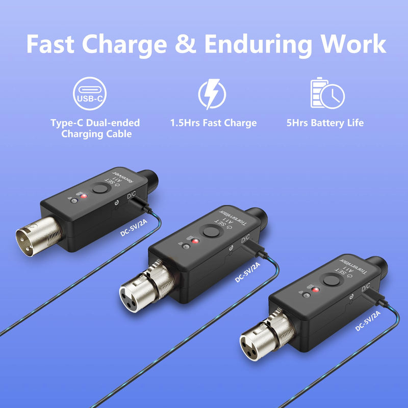 A11 Wireless Microphone System, 2.4GHz XLR Transmitter and Receiver for Dynamic Microphone, Audio Mixer, PA System, 100ft Range, Ultra-Low Latency, Rechargeable Battery (A11-2(2TX+1RX)) A11-2(2TX+1RX)