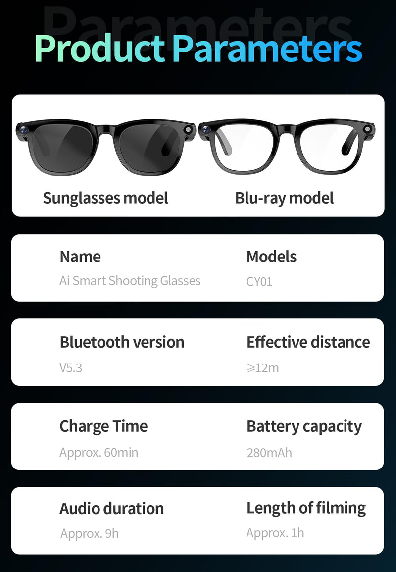 AI Smart Bluetooth Glasses with 8MP Camera for Men Women, Real-Time Translation, Black, Built-in AI Voice Assistant, Music Control, Photo Video Recording, Summer/Beach Essential