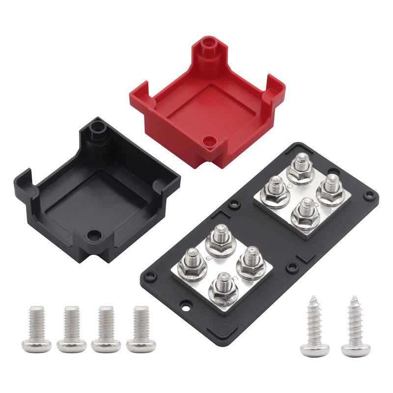 400 Amp Bus Bar Box Copper Heavy-Duty Module with 8 x 3/8" (M10) Studs Terminals Battery Distribution Block DC 48V Black Red Enclosure Cover (Distribution Block)