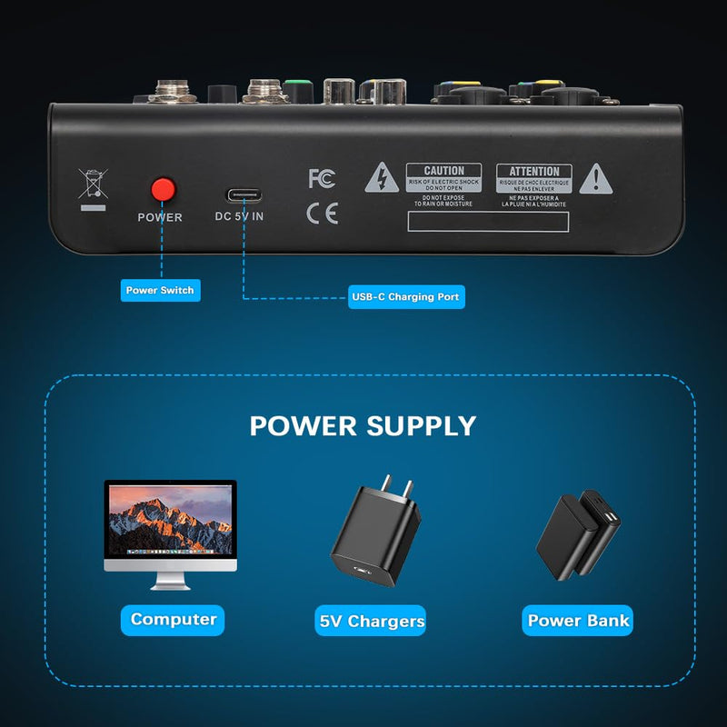 Dj Mixer, Audio Mixer for PC 4 Channel Bluetooth Sound Board with USB Interface, Cooyinka Mixer Audio Built-in 48V Phantom Power Sound Card for Live Streaming, Podcasting/Black
