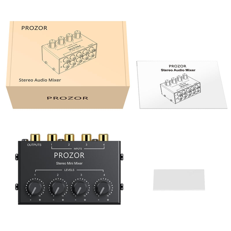 [AUSTRALIA] - PROZOR 4-Channel Stereo Audio Mixer, RCA Input with Independent Volume Controls, Metal Housing, Ultra Low Noise, for TV/PC Mixing, Home Studios, DJ Performances – No Power Required, Plug and Play 