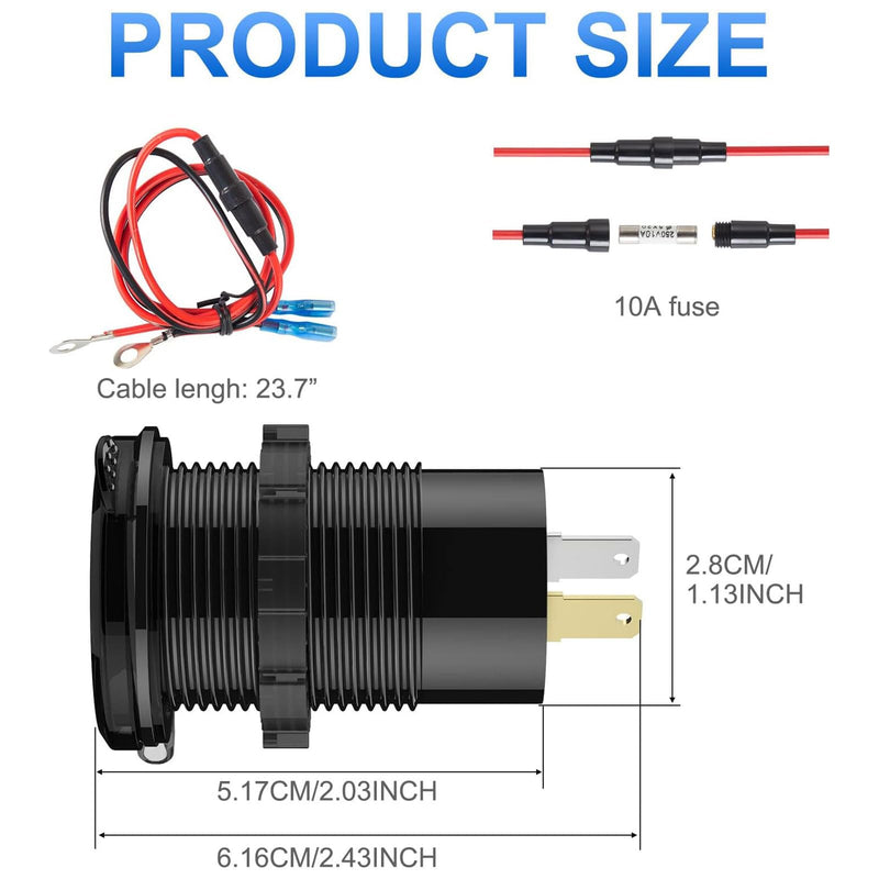 2 Pack 12V USB Outlet Wire Aluminum Car Charger Multi Port, Dual Quick Charge 3.0 Port and PD USB C Socket with Voltmeter Switch for Car Boat Marine Truck RV, Fast Charge for Phones lPad, etc. pack of two